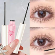 Mascara màu hồng, cọ dài màu đen, ảnh mắt trước và sau chuốt mi, lông mi cong dày.