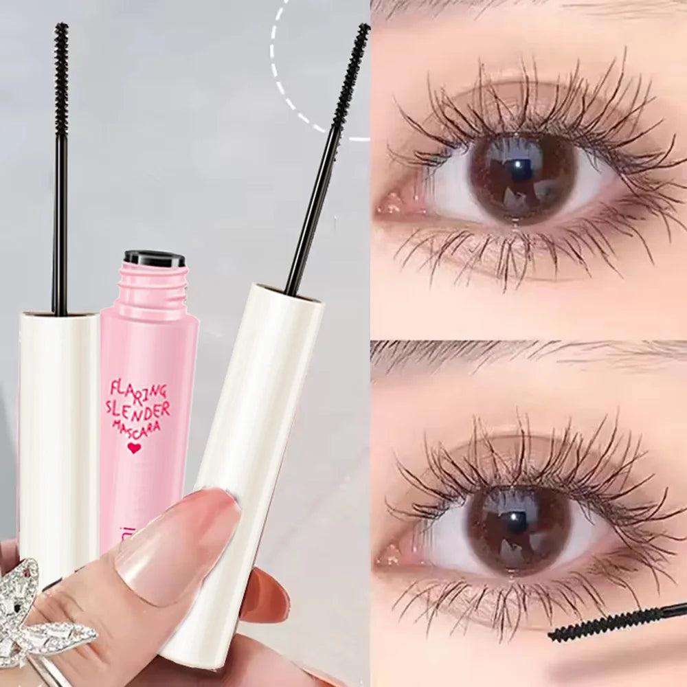 Mascara màu hồng, cọ dài màu đen, ảnh mắt trước và sau chuốt mi, lông mi cong dày.
