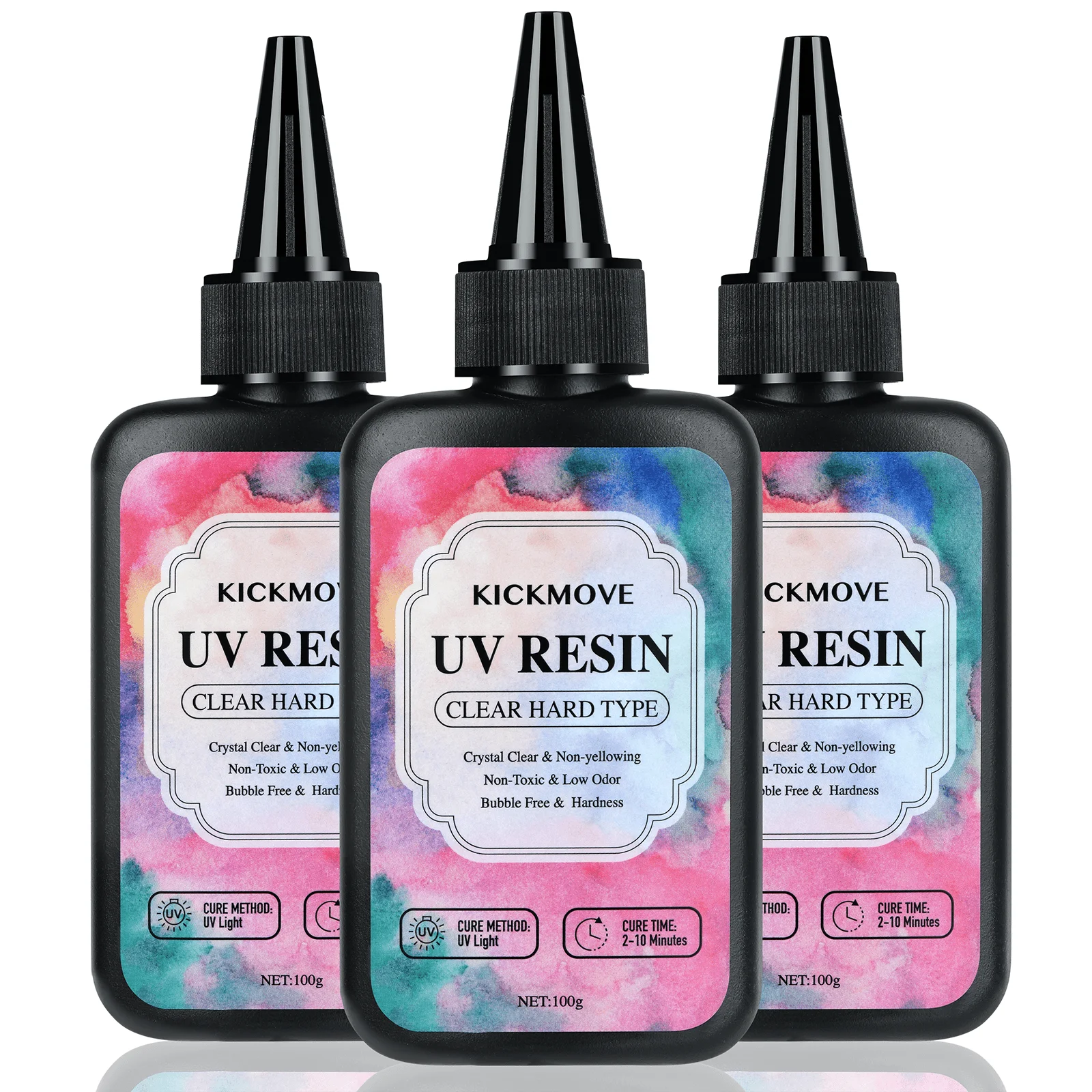 Ba chai nhựa nhãn màu nước, nắp đen, chứa resin UV cứng trong suốt.