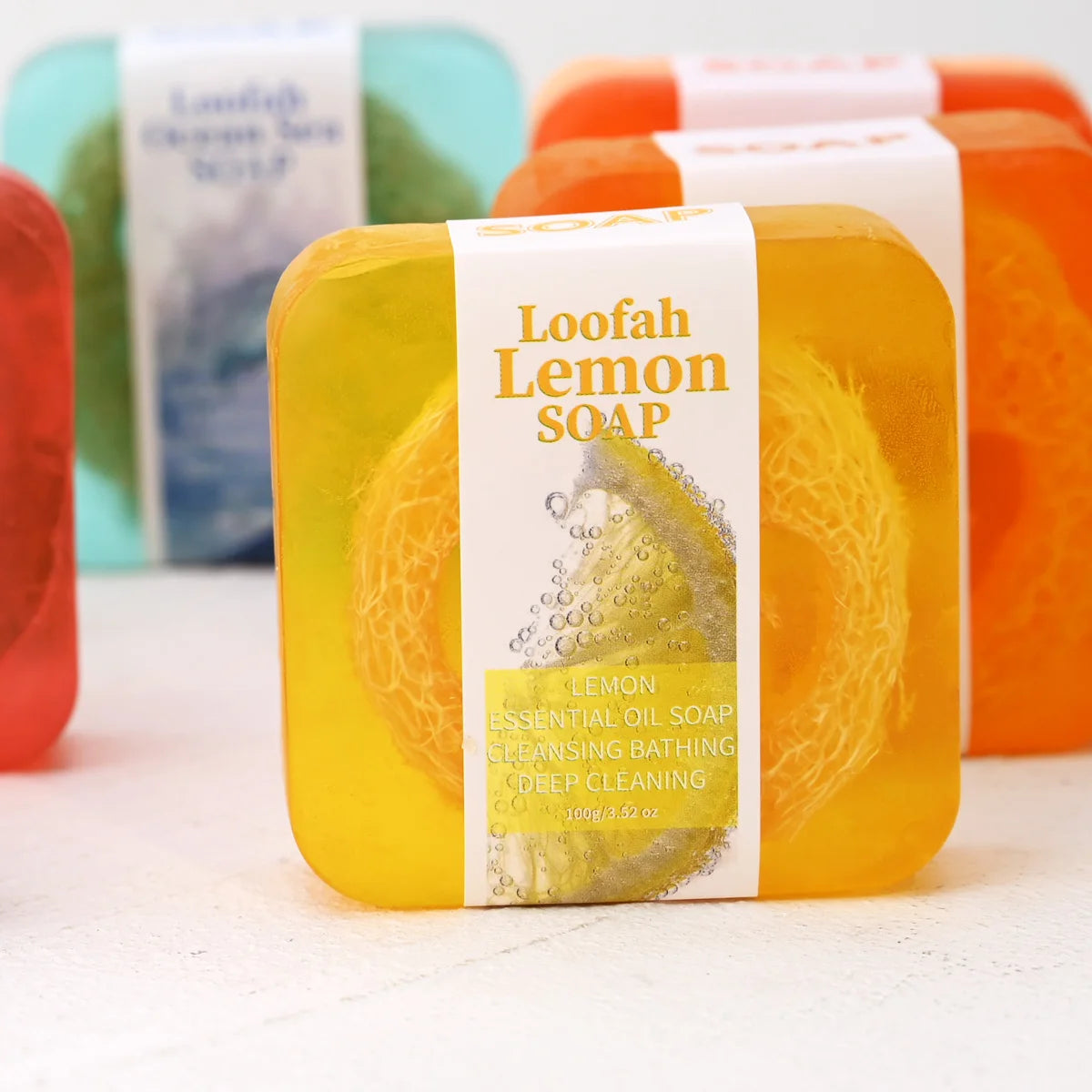 S+100g Lemon Oil Loofah Soap for Deep Cleansing Glowing Body Face Moisturizing Bar Soap Lavender Essential Oil Loofah Soap Bar - Daisan Mart