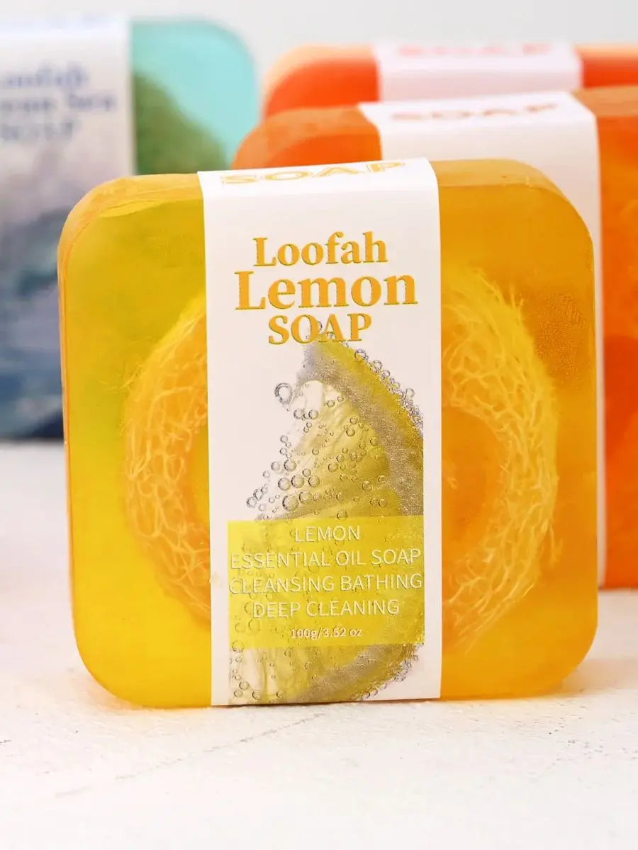 S+100g Lemon Oil Loofah Soap for Deep Cleansing Glowing Body Face Moisturizing Bar Soap Lavender Essential Oil Loofah Soap Bar - Daisan Mart