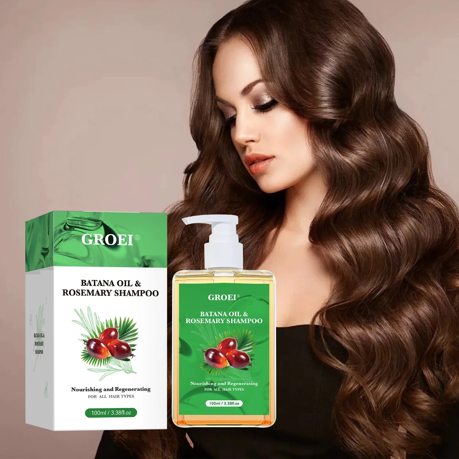 Người phụ nữ tóc dài, nâu mềm mượt bên chai dầu gội và hộp, nhãn xanh lá.