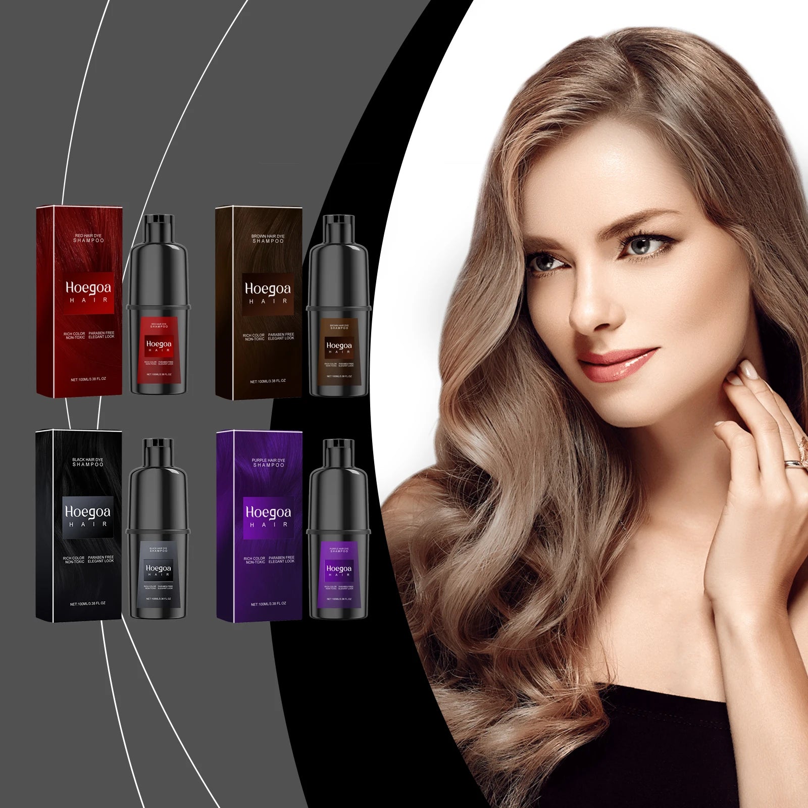 Người phụ nữ tóc xoăn vàng nâu, sản phẩm Hoegoa với hộp đỏ, nâu, đen, tím trên nền xám.