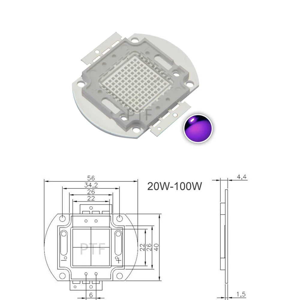 Chip LED Tím UV 395nm Công Suất Cao 20W-100W - Daisan Mart