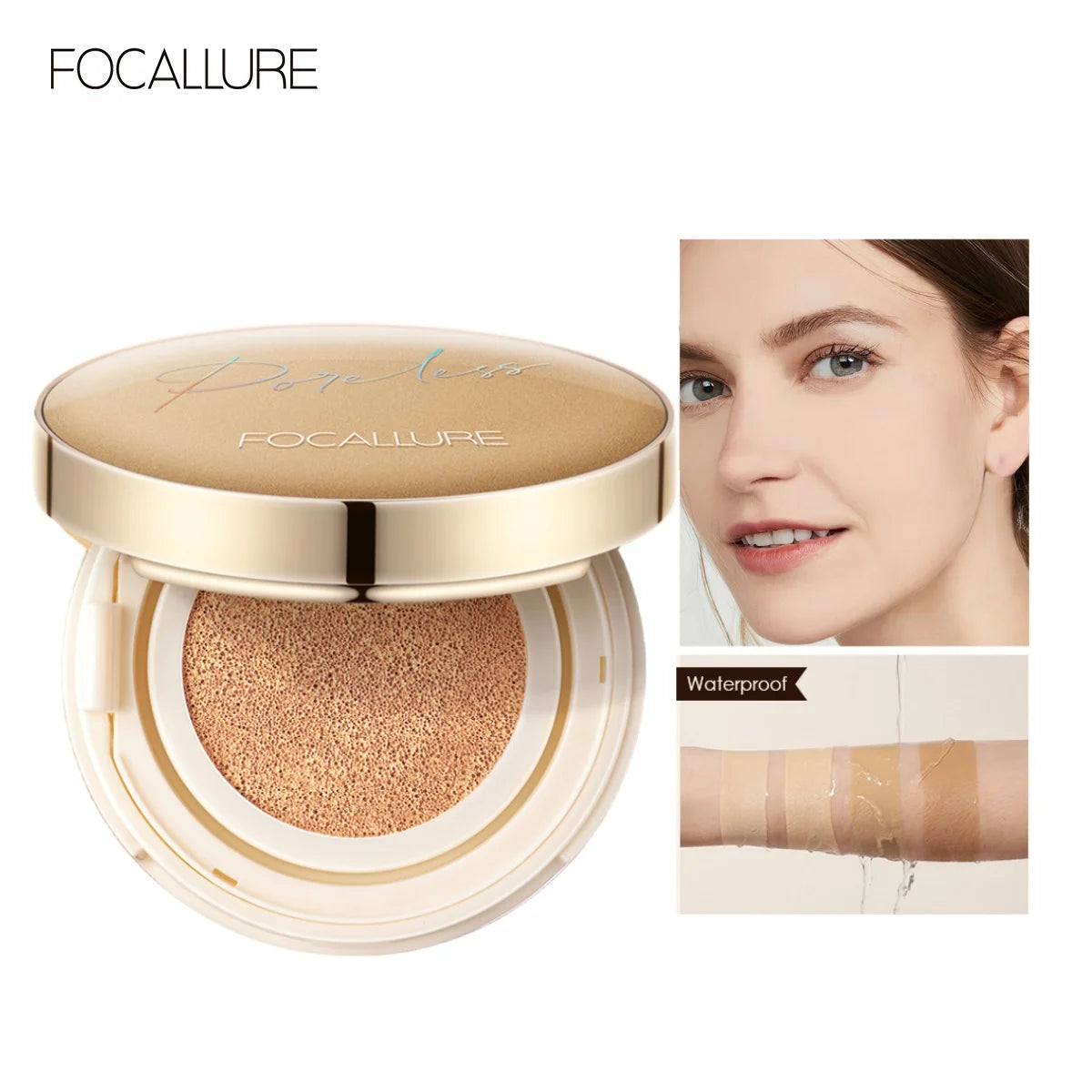 Hộp phấn nước Focallure màu vàng nhạt, kèm ảnh mặt người và cánh tay thử khả năng chống nước.