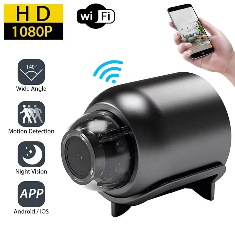 Camera đen, góc rộng, phát hiện chuyển động, quan sát ban đêm, kết nối Wi-Fi với điện thoại.