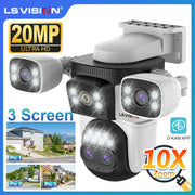 Camera giám sát trắng đen LS Vision, 20MP, zoom 10x, hiển thị ba màn hình nhỏ bên dưới.