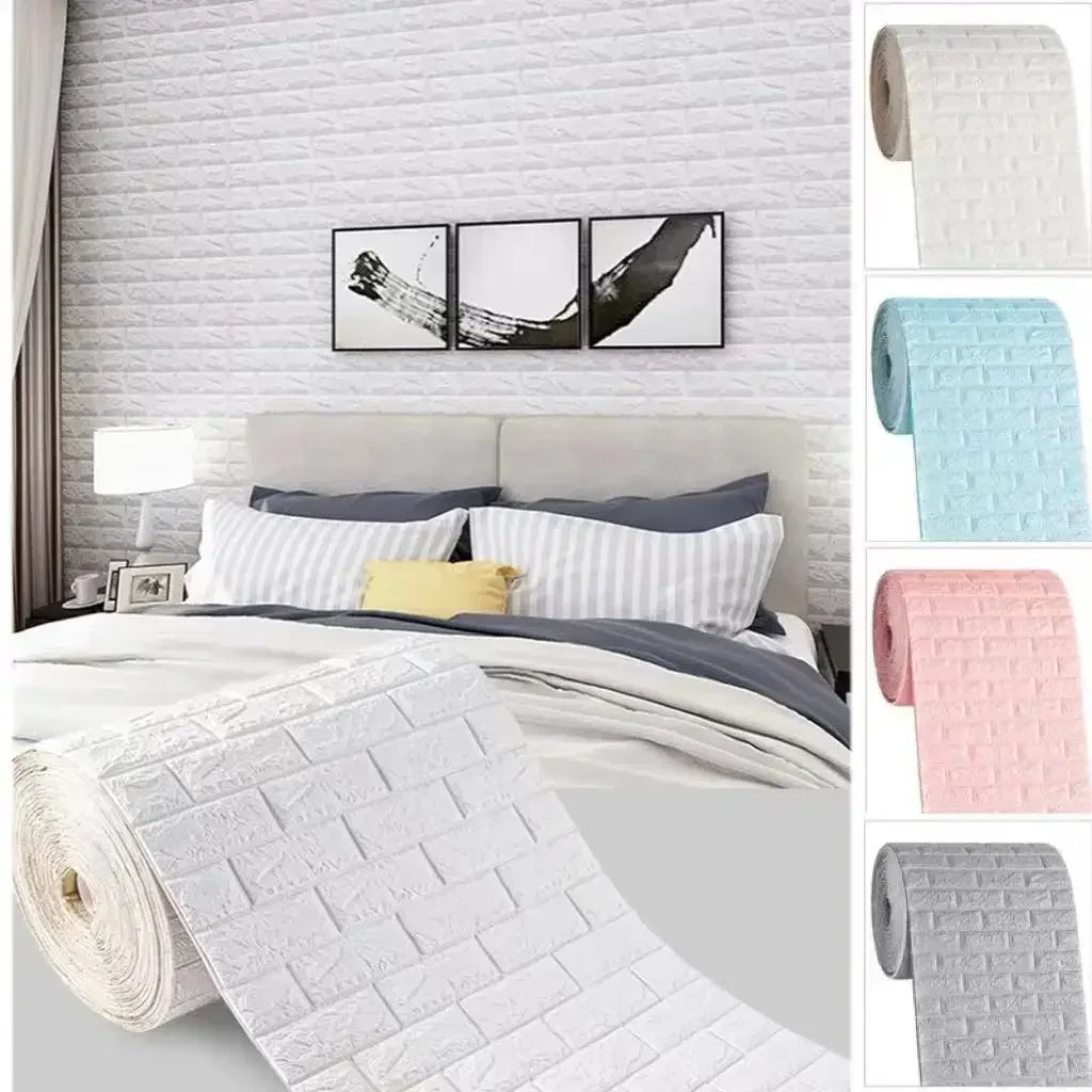 Tường gạch 3D màu trắng, cuộn giấy dán tường kèm màu xanh, hồng, xám; giường với ga sọc.