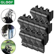 Giá đỡ gậy golf màu đen với các khe cắm; ba hình tròn nhỏ mô tả cách sử dụng.