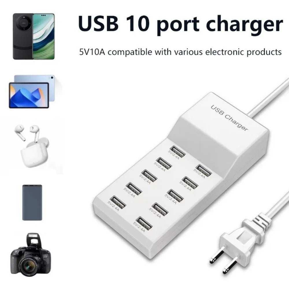 Bộ sạc USB 10 cổng màu trắng, dây cắm điện, tương thích nhiều thiết bị điện tử.