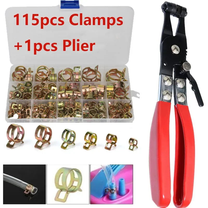 Hộp kẹp 115 cái, kìm tay cầm đỏ bên phải, chữ đỏ trên nền trắng.