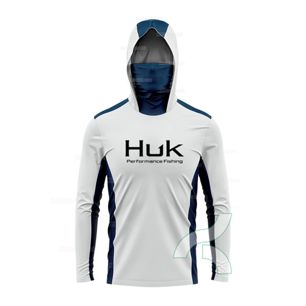 Áo hoodie trắng có mũ trùm, tay dài, họa tiết logo màu đen, viền xanh đậm.
