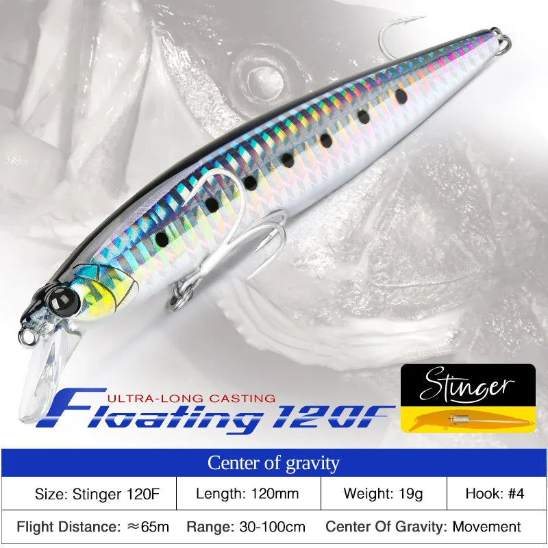 TSURINOYA 120F Ultra-long Casting Floating Minnow Saltwater Fishing Lure STINGER 120mm 19g Range 30-100cm Artificial Hard Baits - Daisan Mart