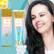 Tuýp kem đánh răng niacinamide, hộp màu xanh vàng, bên cạnh là người phụ nữ cười rạng rỡ.