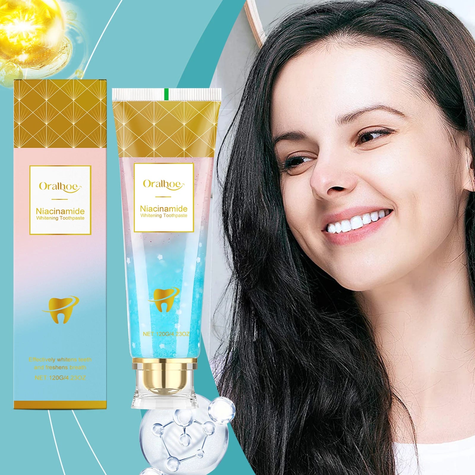 Tuýp kem đánh răng niacinamide, hộp màu xanh vàng, bên cạnh là người phụ nữ cười rạng rỡ.