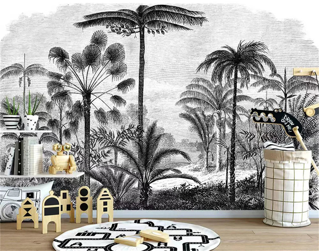 Custom Black and White Tropical Plant Tropical Wallpaper Mural for living Room TV Background 3d Stickers wall papers home decor