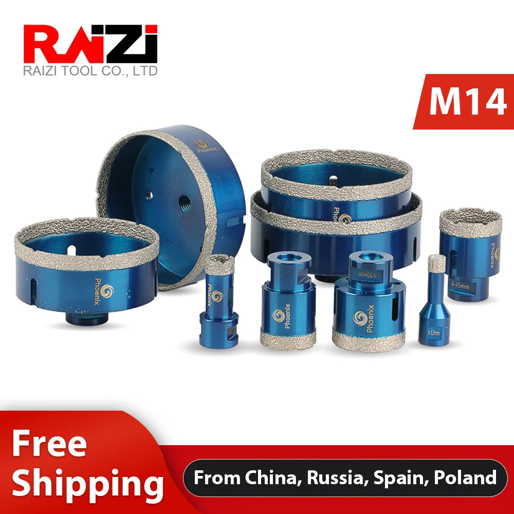 Các mũi khoan kim cương màu xanh, viền kim loại, kèm chữ "M14" và "Free Shipping" trên nền đỏ.