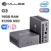 Máy tính mini màu xám đậm, logo MLLSE, cổng kết nối phía trước và sau, thông số kỹ thuật bên trái.