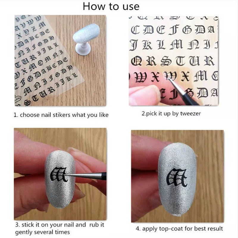 Nhãn Dán 3D Chữ Đen Trang Trí Nail ME054-062 - Daisan Mart