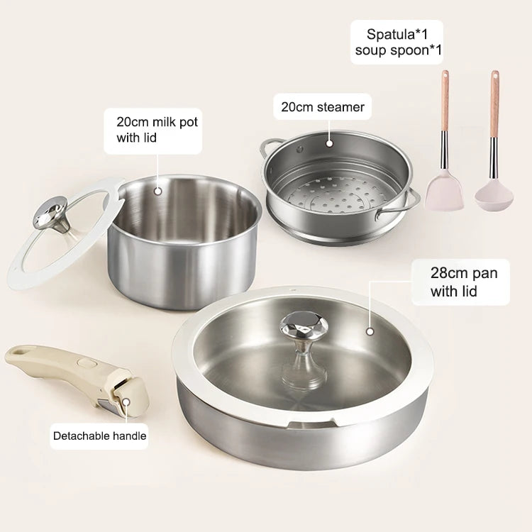316 Stainless Steel Pot Set with Steamer, Convenient Removable Handle