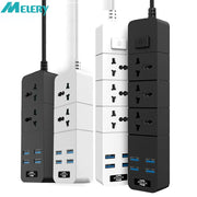 Ba ổ cắm điện có cổng USB, màu đen và trắng, với nút bật tắt và logo Melery.