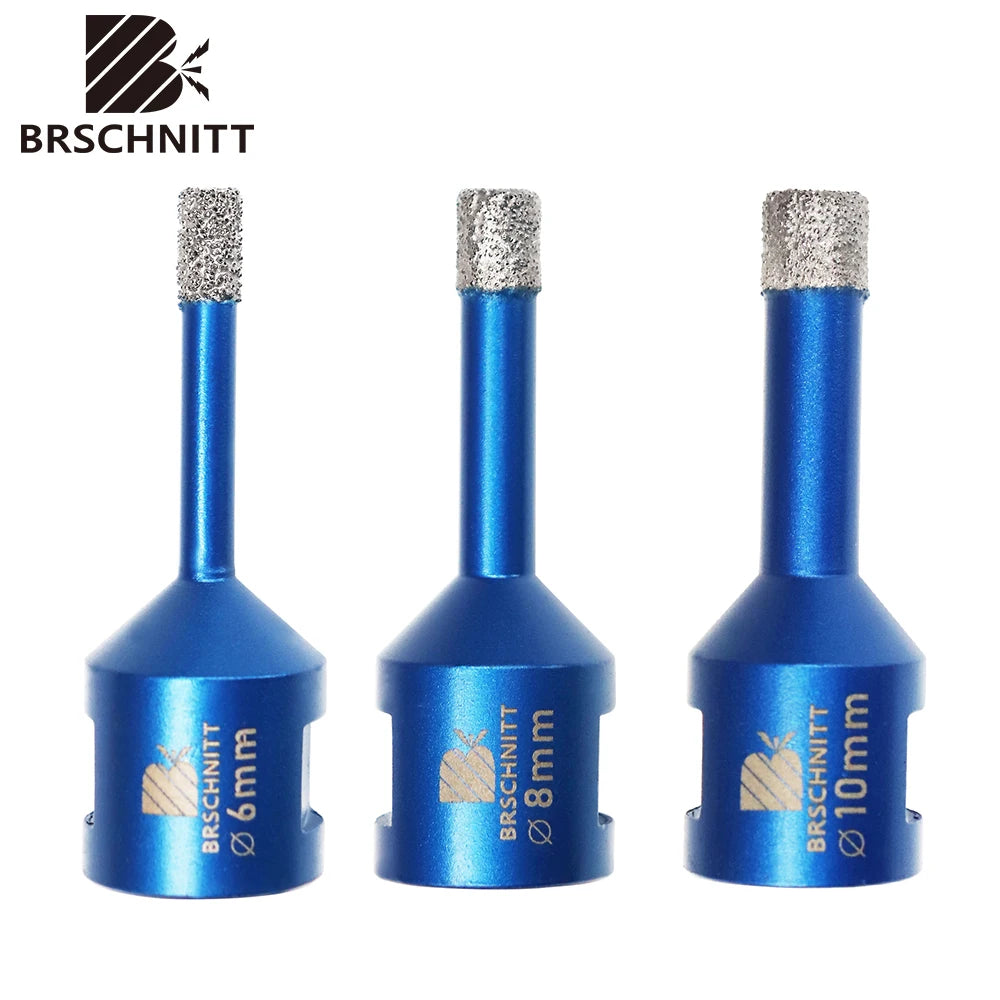 Ba mũi khoan màu xanh, đầu kim cương, kích thước 6mm, 8mm, 10mm, nhãn BRSCHNITT.