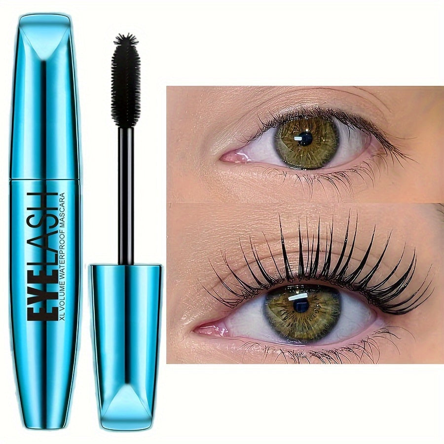Mascara xanh lam và hình ảnh lông mi trước, sau khi chuốt mascara, mắt xanh lục.