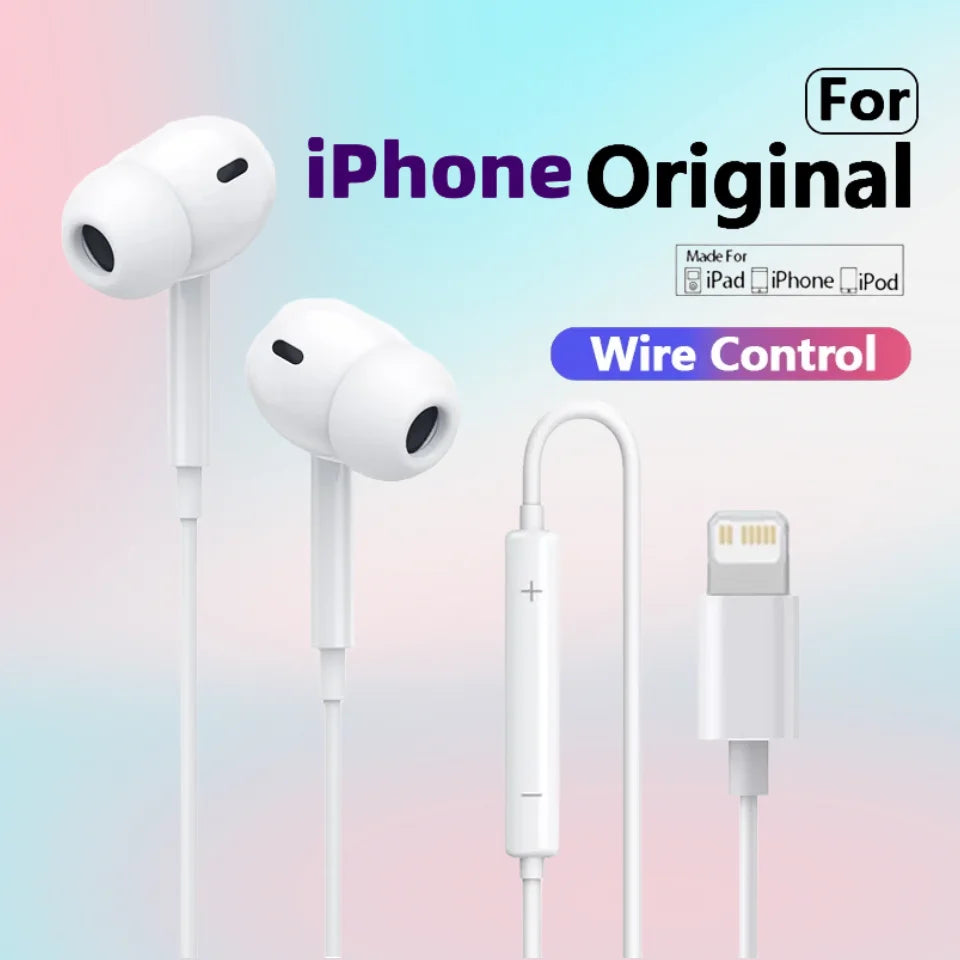 Tai nghe trắng cho iPhone với nút điều khiển dây, nền màu hồng và xanh nhạt.