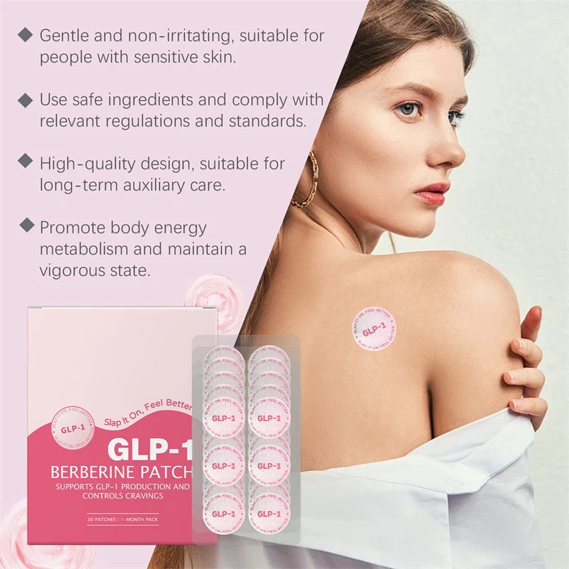 Hình một phụ nữ đeo miếng dán GLP-1 trên vai, nền hồng nhạt, hộp sản phẩm và miếng dán.