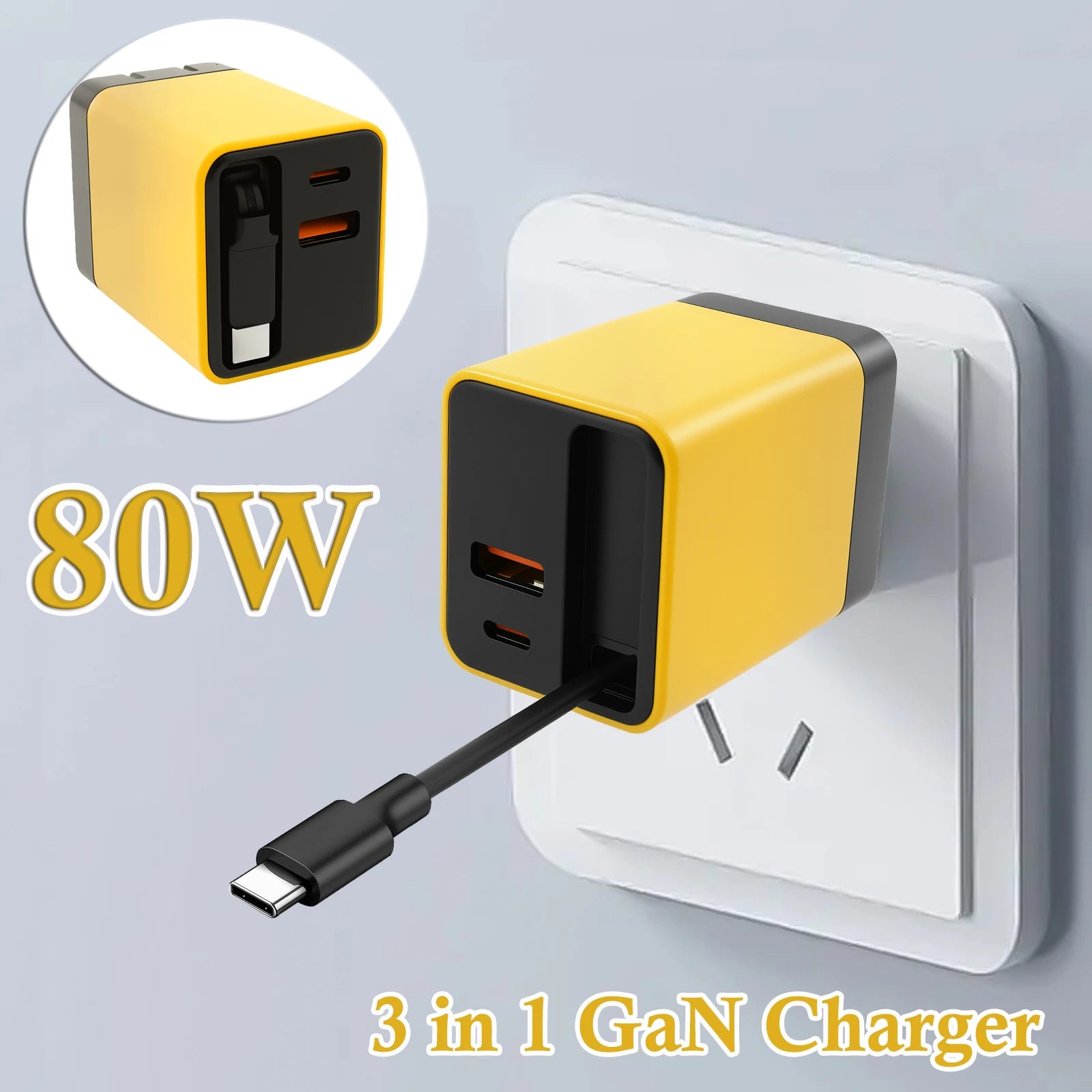 Sạc GaN 3in1 80W Rút Gọn Đa Năng Cho Điện Thoại Laptop - Daisan Mart