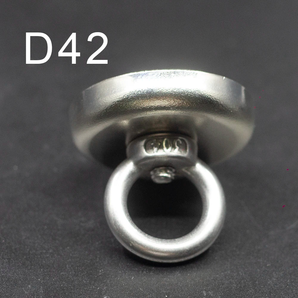 Nam châm tròn màu bạc với vòng treo kim loại trên nền đen, chữ "D42" ở góc trái.
