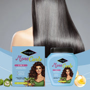 Hình ảnh sản phẩm kem dưỡng tóc, nền xanh, tóc thẳng mượt, hộp và chai với chữ màu sắc nổi bật.