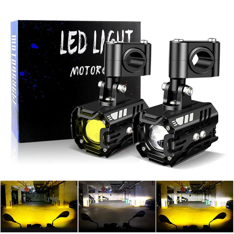 Đèn LED xe máy màu đen, một đèn vàng và một đèn trắng, trước hộp chữ "LED LIGHT".