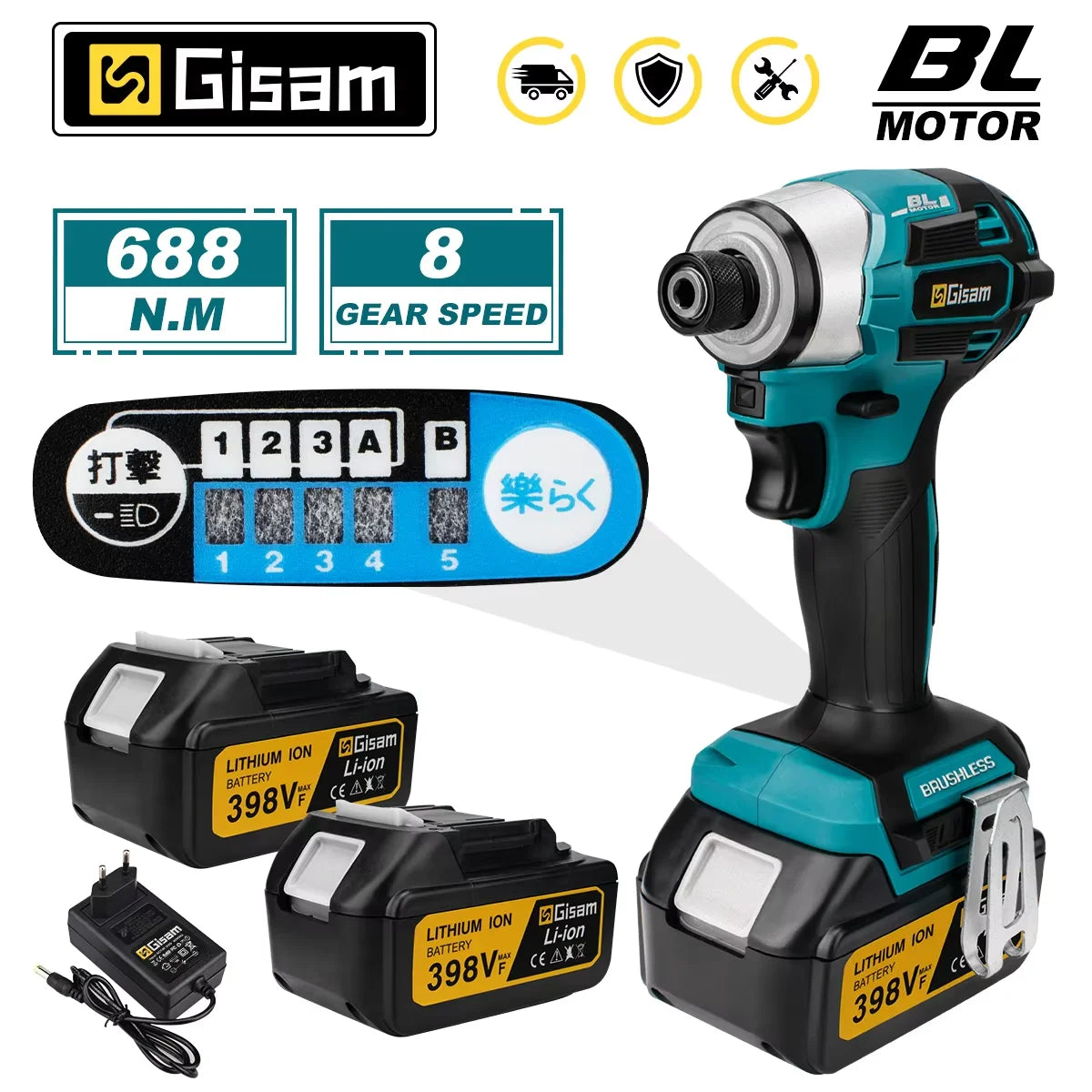 Máy khoan màu xanh, pin 398V, 8 tốc độ, kèm 2 pin dự phòng và bộ sạc.