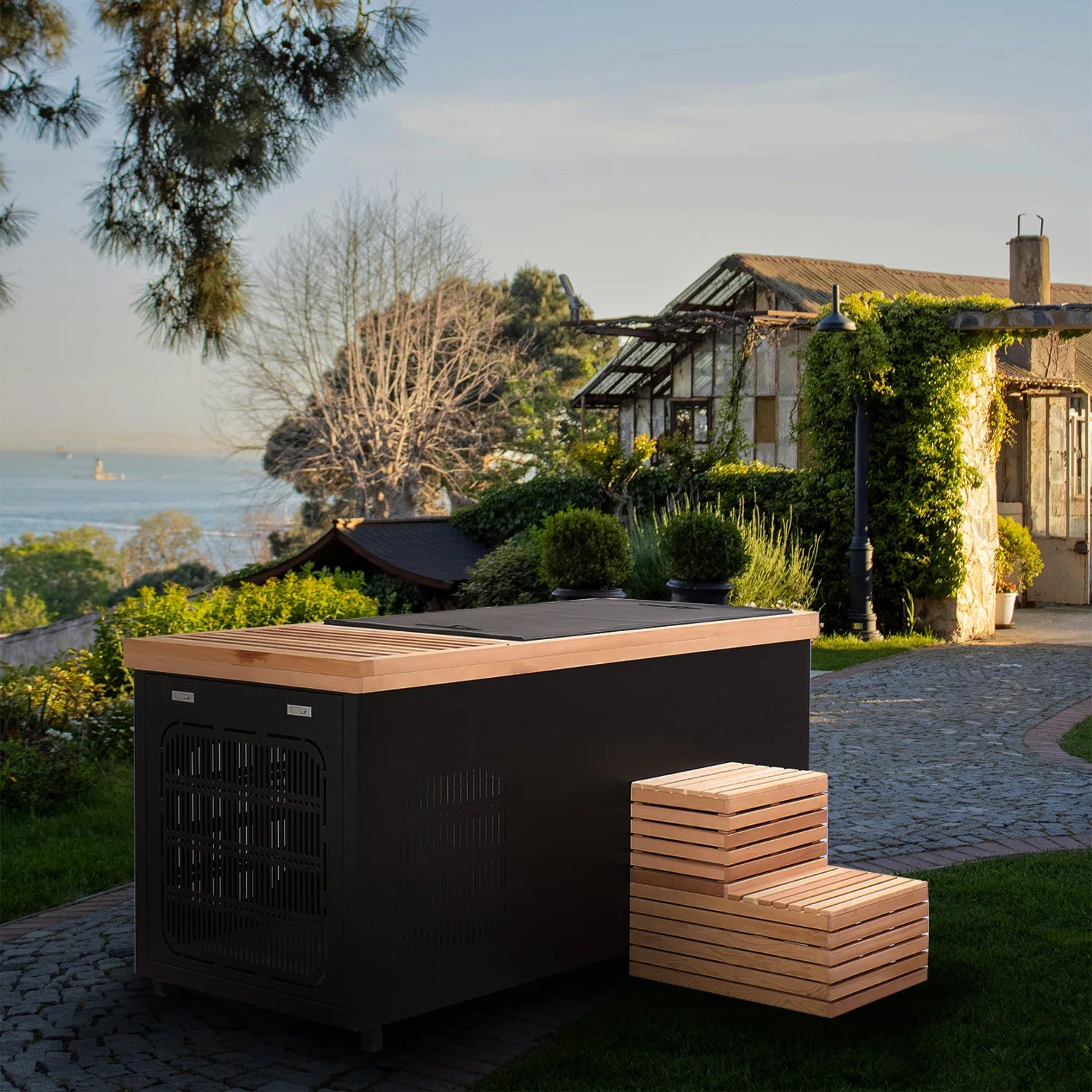 Modern Black Red Cedar Bath Tub Rectangle/Oval Spa Tubs for Home Hotel Gym Villa 2-Person Massage Feature Outdoor Application - Daisan Mart