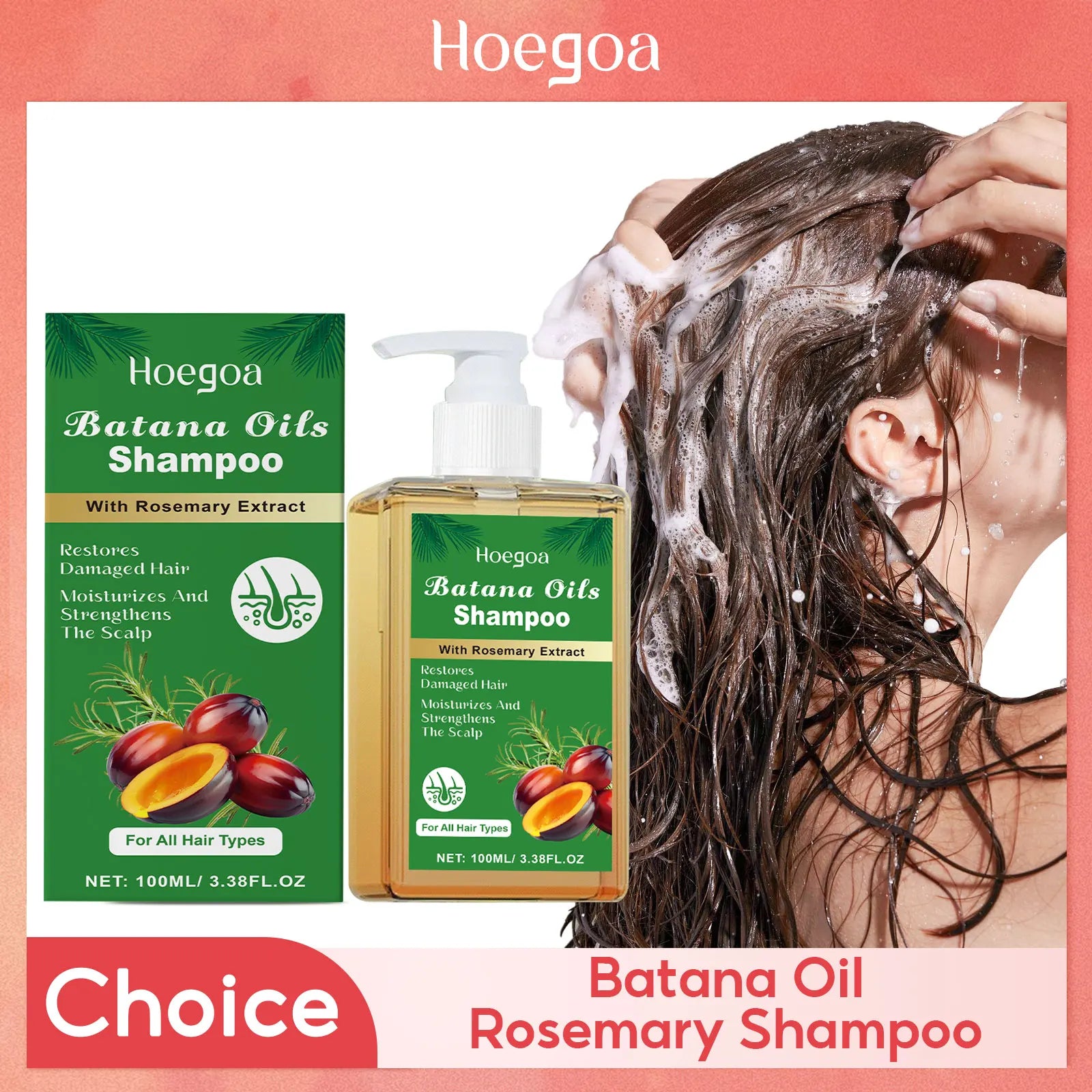 Người đang gội đầu bằng dầu gội Hoegoa Batana Oils, hộp màu xanh lá, bọt trắng nổi bật.