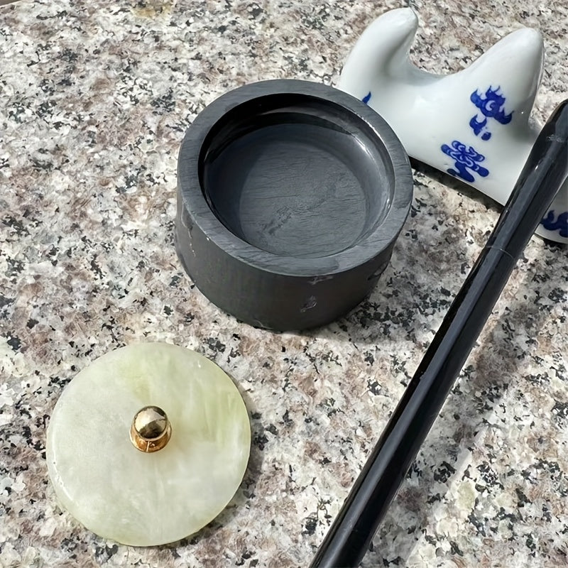 Mini Inkstone with Lid, Calligraphy, Natural Stone Processed Inkstone for Copying Sutras, Small Script Grinding Inkwell, Artificial Jade Cover Random Color