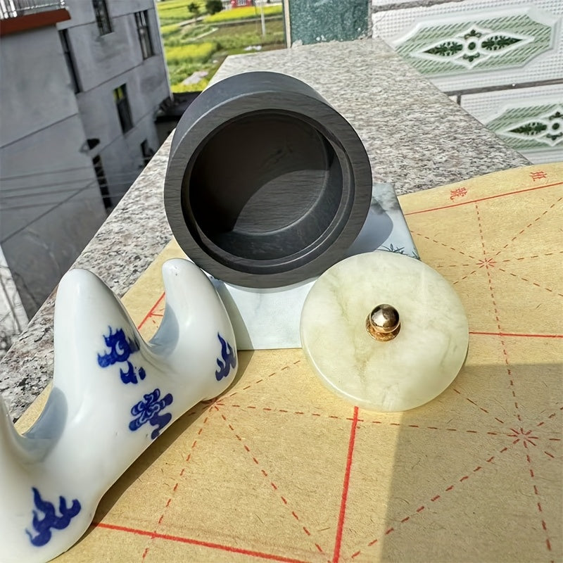 Mini Inkstone with Lid, Calligraphy, Natural Stone Processed Inkstone for Copying Sutras, Small Script Grinding Inkwell, Artificial Jade Cover Random Color