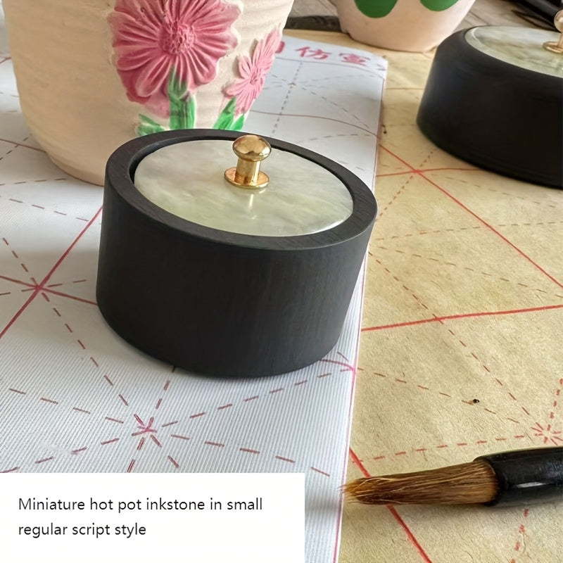 Mini Inkstone with Lid, Calligraphy, Natural Stone Processed Inkstone for Copying Sutras, Small Script Grinding Inkwell, Artificial Jade Cover Random Color