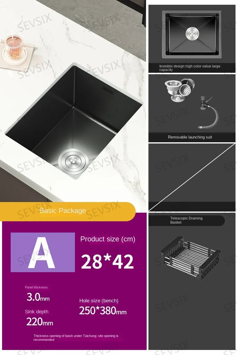 304 stainless steel Kitchen handmade small sink, single sink, vegetable washing basin, under counter, island counter, water bar - Daisan Mart