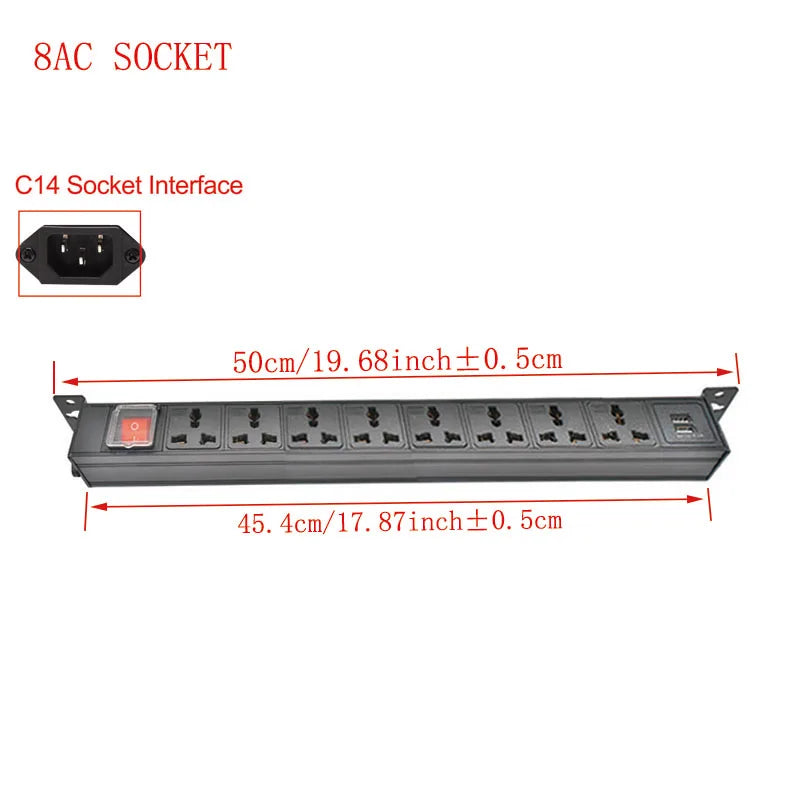 Ổ Cắm Tủ PDU Hợp Kim Nhôm 2USB, Công Tắc Đôi 1-9AC - Daisan Mart