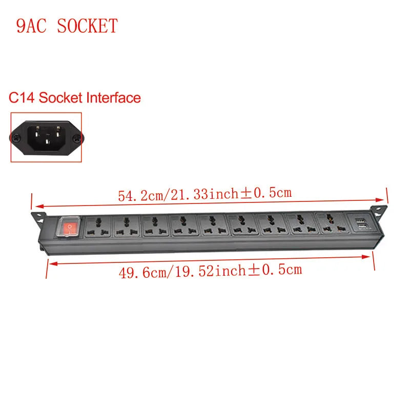 Ổ Cắm Tủ PDU Hợp Kim Nhôm 2USB, Công Tắc Đôi 1-9AC - Daisan Mart