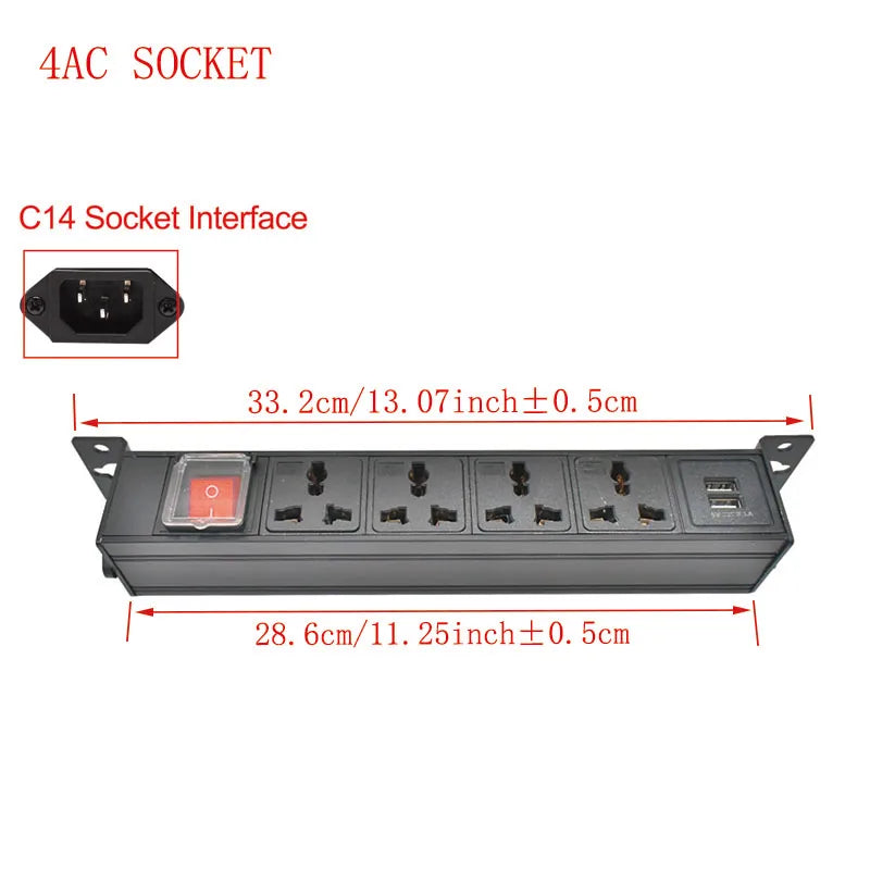 Ổ Cắm Tủ PDU Hợp Kim Nhôm 2USB, Công Tắc Đôi 1-9AC - Daisan Mart