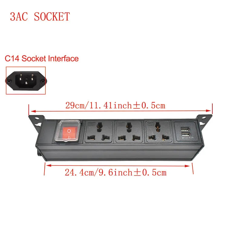 Ổ Cắm Tủ PDU Hợp Kim Nhôm 2USB, Công Tắc Đôi 1-9AC - Daisan Mart