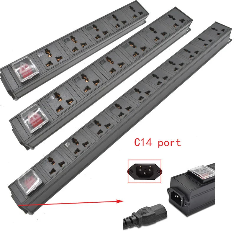 Ba ổ cắm điện màu đen với công tắc đỏ, cổng C14 được đánh dấu nổi bật.