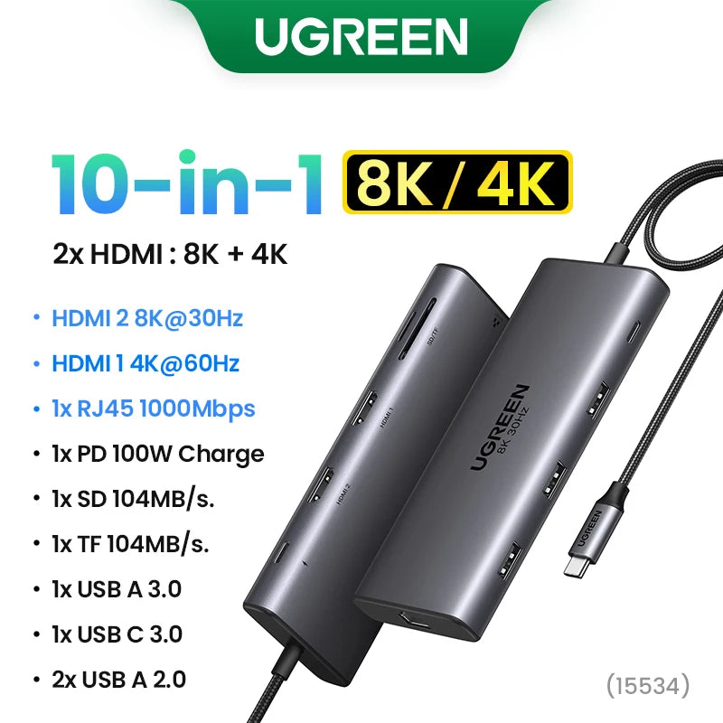 UGREEN Dual HDMI USB-C HUB 8K 4K HDMI Adapter 10 in 1 Splitter with RJ45 USB3.0 PD 100W Dock for MacBook Pro Air Laptop USB HUB - Daisan Mart