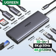 Bộ chia Ugreen 10 cổng màu xám đậm với nhiều cổng kết nối, hỗ trợ 8K@30Hz, 4K@120Hz.