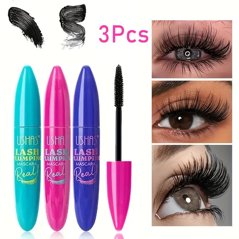 Ba cây mascara màu xanh, hồng, tím; bên phải là hình mắt với lông mi cong dày.