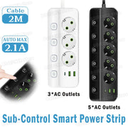 Ổ cắm điện thông minh màu trắng và đen, có nút điều khiển và ổ USB, dây 2m.
