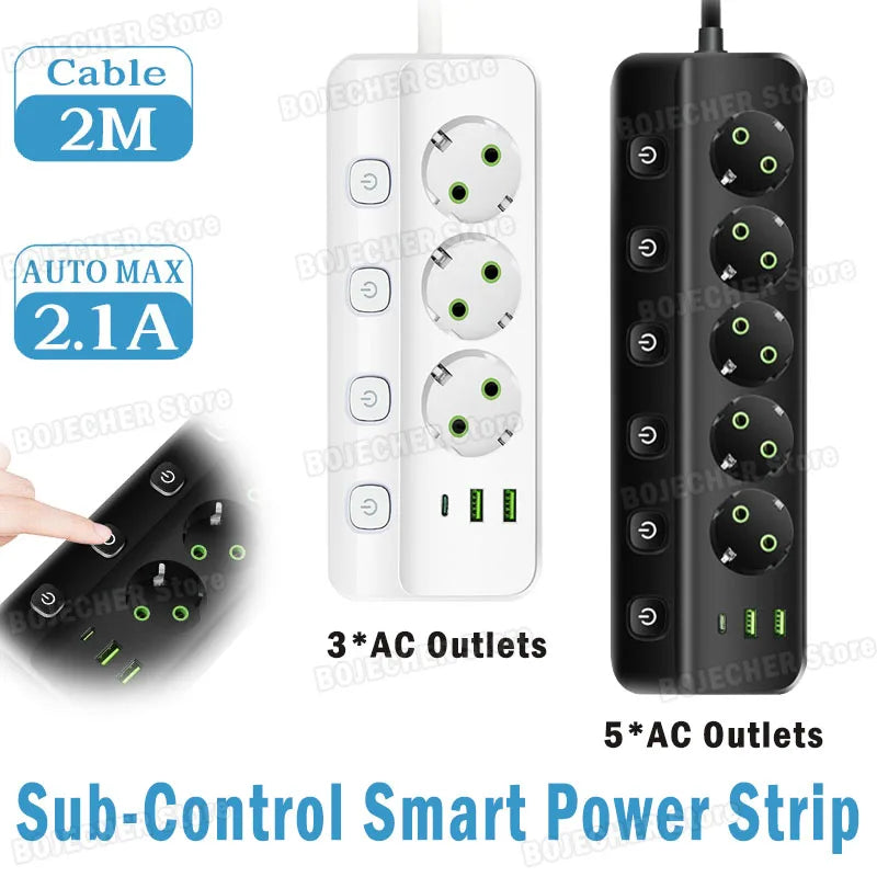 Ổ cắm điện thông minh màu trắng và đen, có nút điều khiển và ổ USB, dây 2m.